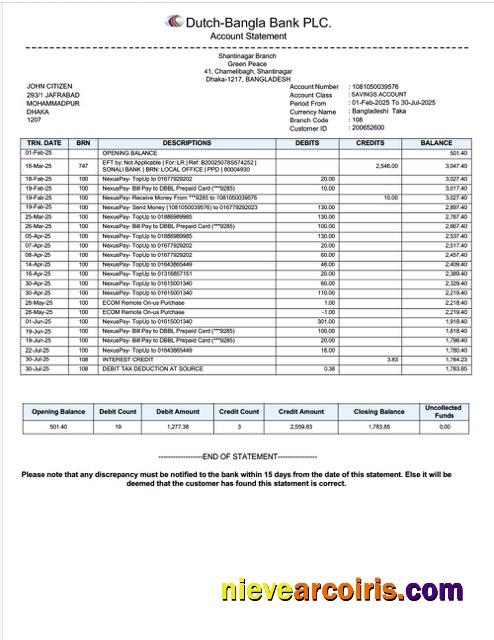 Bangladesh Dutch Bangla Bank Limited account statement Word and PDF